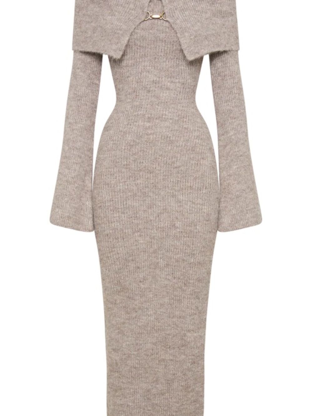 Meshki Taupe Rib-Knit Maxi Dress with Bell Sleeves